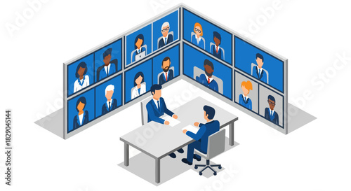 Virtual business meeting in isometric style with diverse team on video call