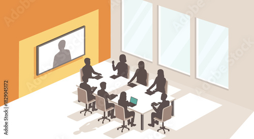 Isometric office meeting with diverse team in modern conference room setting