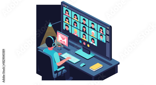 Remote work communication concept with isometric video conference setup
