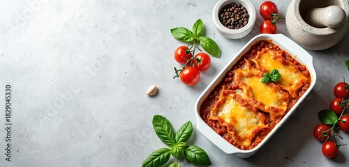 Baked lasagna in white dish with melted cheese and tomato sauce. Fresh basil leaves, cherry tomatoes, peppercorns, and garlic nearby create an appealing Italian meal presentation.