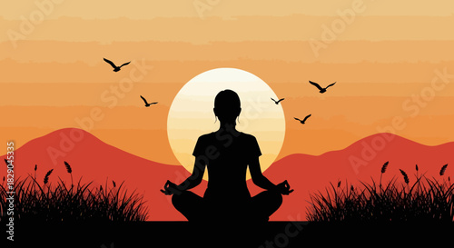 Meditation at sunset with silhouette of woman in tranquil nature scene