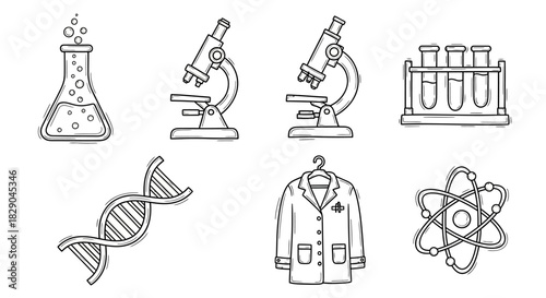 Linear science icons: microscope, lab coat, and chemistry elements in black and white