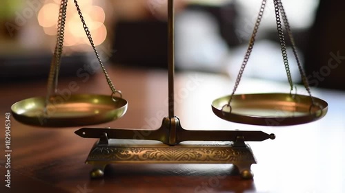 A golden brass balance scale with two pans hangs, lit by bokeh on a wooden surface, in focus