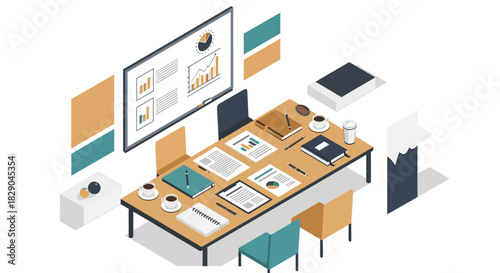 Modern office workspace with isometric design and charts for business analysis