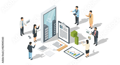 Isometric business meeting scene with digital documents and charts