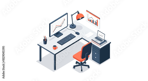 Modern isometric home office workspace with computer and graphs