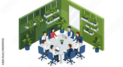 Isometric office meeting with greenery and diverse team collaborating around conference table