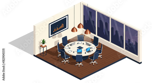 Modern isometric office conference room with round table and city view