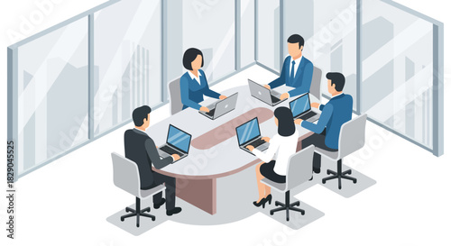 Business team meeting in modern office with laptops and formal attire