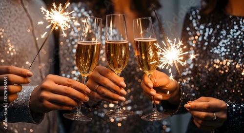 New year celebration with champagne and sparklers stock photo