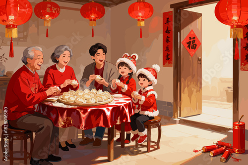 Happy Chinese family celebrating lunar new year festival by making dumplings together at home with red lanterns and couplets decorations