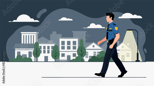 Police officer patrols a city street at night, maintaining order and ensuring safety in the urban environment
