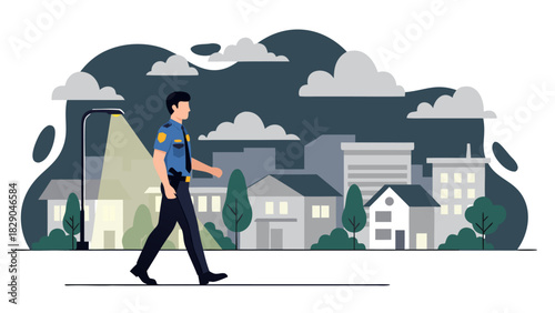 Dedicated police officer on nightly patrol, ensuring community safety and order in a peaceful urban neighborhood, depicted in a modern flat vector illustration