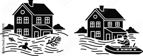 Black and white illustration of flooded homes and rescue efforts underway