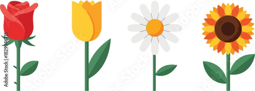 A colorful arrangement of flat design flowers including a rose tulip daisy and sunflower