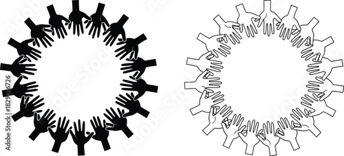 Two circular arrangements of hands one solid black and one white outline