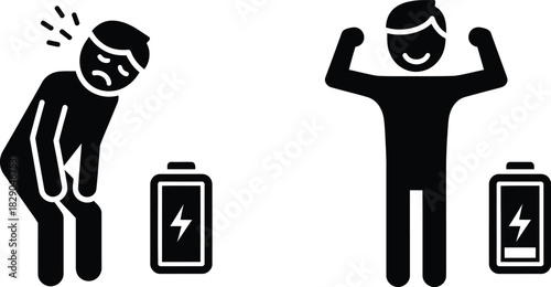 Depleted versus full energy levels illustrated by stick figures with batteries