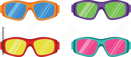 Colorful cartoon sunglasses orange purple red and teal options displayed