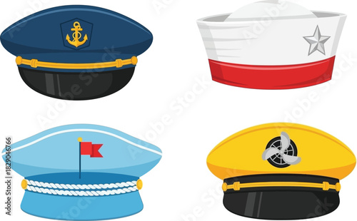 Four different nautical themed hats displayed on a plain white background
