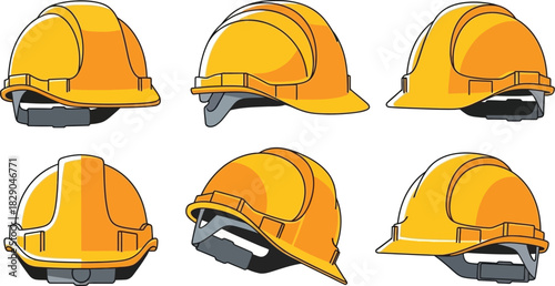 A collection of yellow construction hard hats displayed in varying orientations