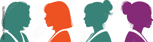 Four colorful silhouettes of women in profile representing diversity and unity