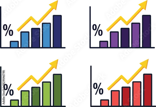 Four charts displaying financial growth with upward trending bar graphs and arrows
