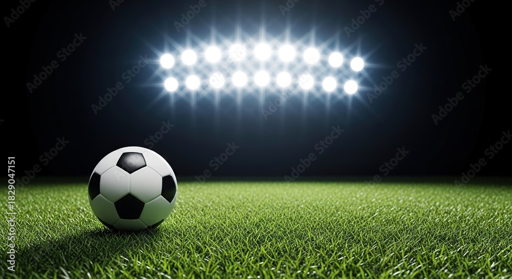 Obraz premium A soccer ball sits on a vibrant green field under stadium lights.