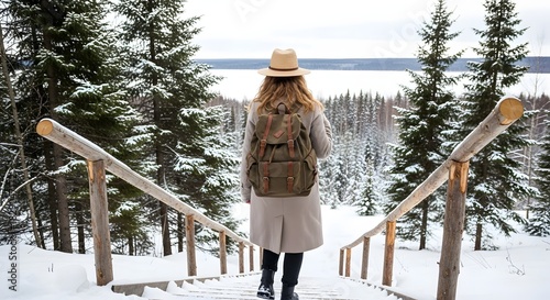 Woman hiking in snowy forest winter adventure travel journey