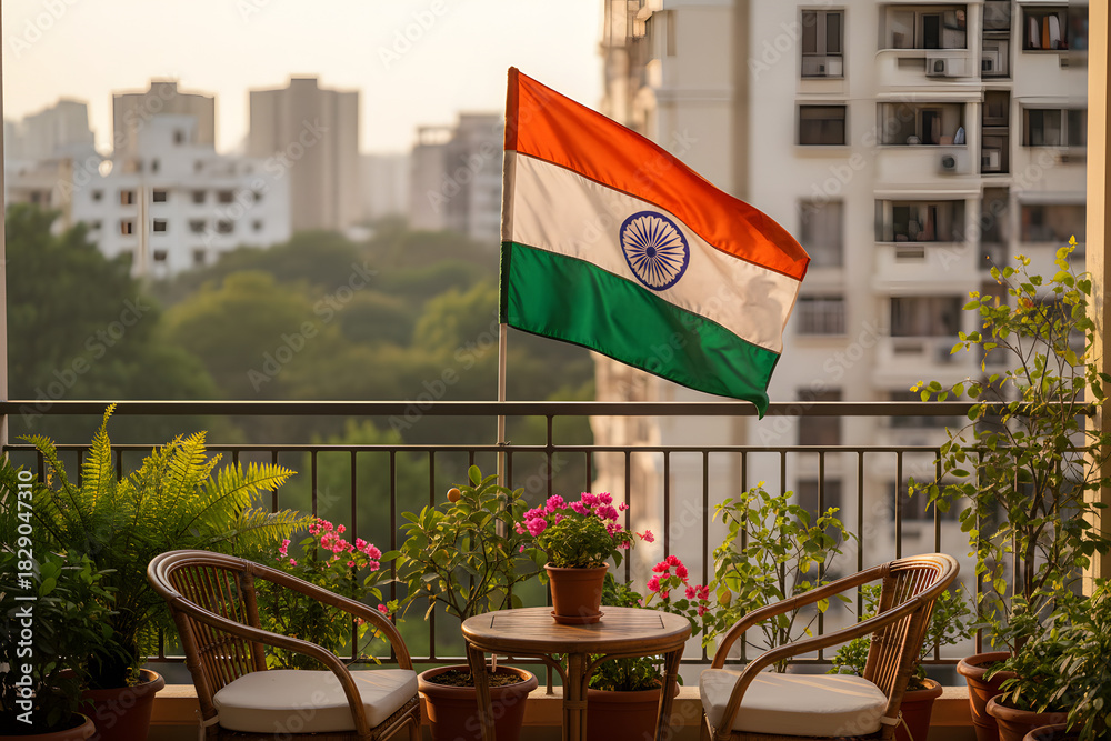 Obraz premium independence day celebration setup on urban balcony with indian flag