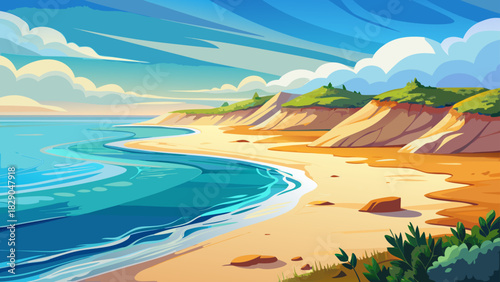 Very beautiful untouched shoreline stretches along a serene barrier island, with soft sand, gentle waves, and natural dunes glowing under warm coastal light in a peaceful, unspoiled atmosphere.