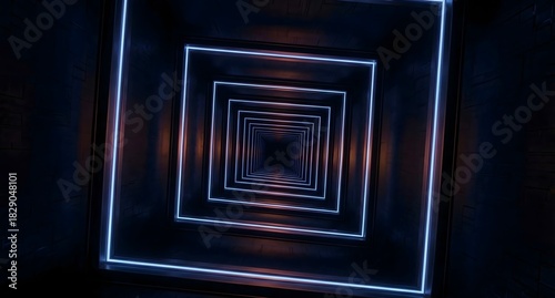 Fototapeta Naklejka Na Ścianę i Meble -  Rectangular frames receding into the distance forming a digital tunnel, edges glowing softly, deep perspective, dark abstract background.