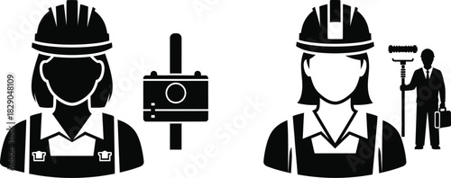 Surveyors and construction workers depicted in black and white silhouette icons