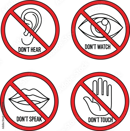 Prohibition signs depicting no hearing seeing speaking and touching actions