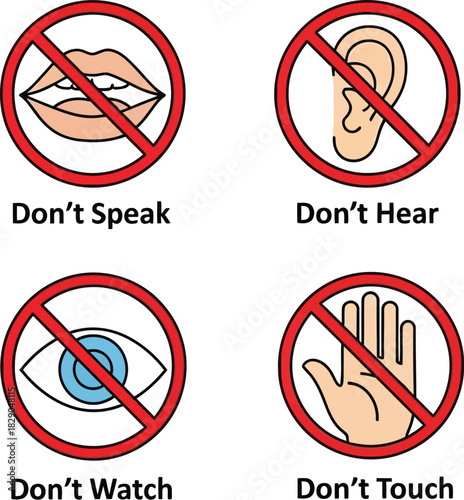 Prohibition signs depicting no speaking listening seeing and touching
