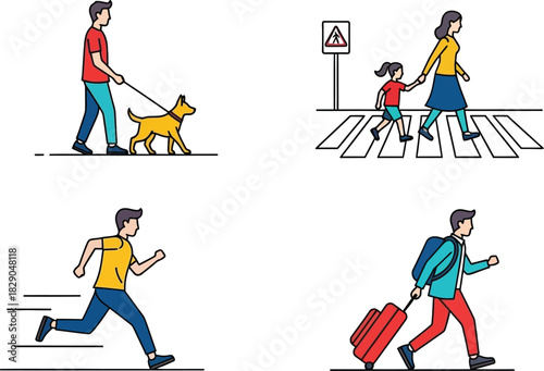People and a dog crossing the street and walking in public areas
