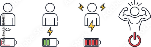 Illustration depicting human figures with varying energy levels and battery symbols
