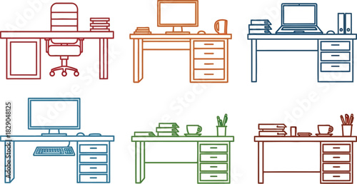 Line art illustration featuring various office desk setups and computer workstations