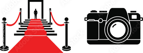 Red carpet event illustration with camera and velvet rope barriers