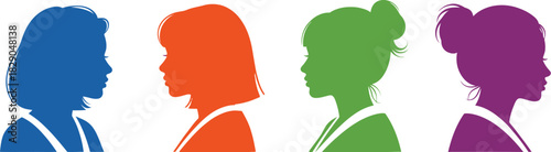 Four colorful silhouettes of women in profile representing diversity