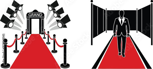 Red carpet event with spotlights barriers and a suited figure