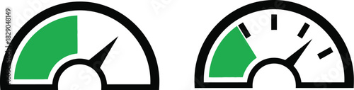 Two simple gauge icons with green fill and black outlines are displayed
