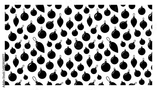 Christmas seamless pattern with black silhouettes of baubles and ornaments vector holiday background