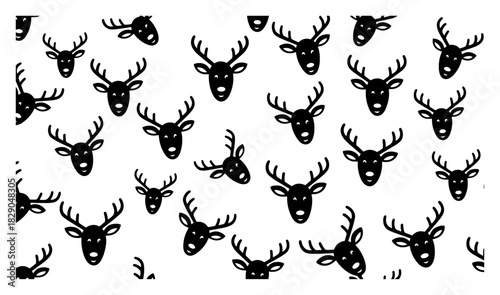 Christmas reindeer head silhouette vector pattern with antlers black and white holiday animal design background