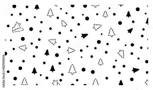 Simple black and white Christmas pattern with sparse fir trees and falling snow vector illustration for minimalist winter design