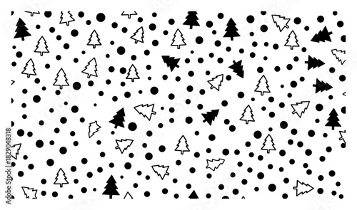 Dense black and white Christmas pattern with fir trees and snow dots vector illustration for festive wrapping paper