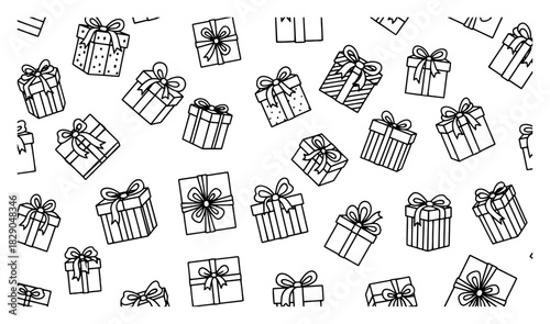 Seamless pattern with hand drawn gift boxes and bows black and white vector background with christmas presents in outline style