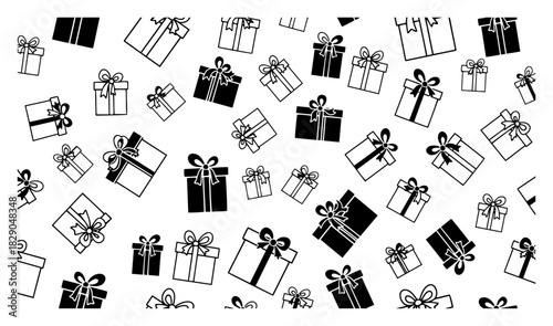 Christmas seamless pattern with scattered gift boxes black and white vector background with holiday presents and ribbons