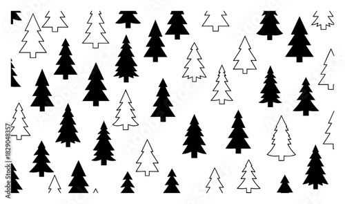 Christmas pine tree forest pattern with silhouette and outline fir trees vector background black and white nature design