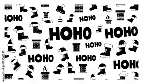 Santa Claus ho ho ho text seamless pattern with chimney and boots vector background black and white holiday design