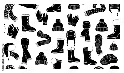 Winter clothing accessories seamless pattern with boots scarf gloves and hat vector background black and white fashion design